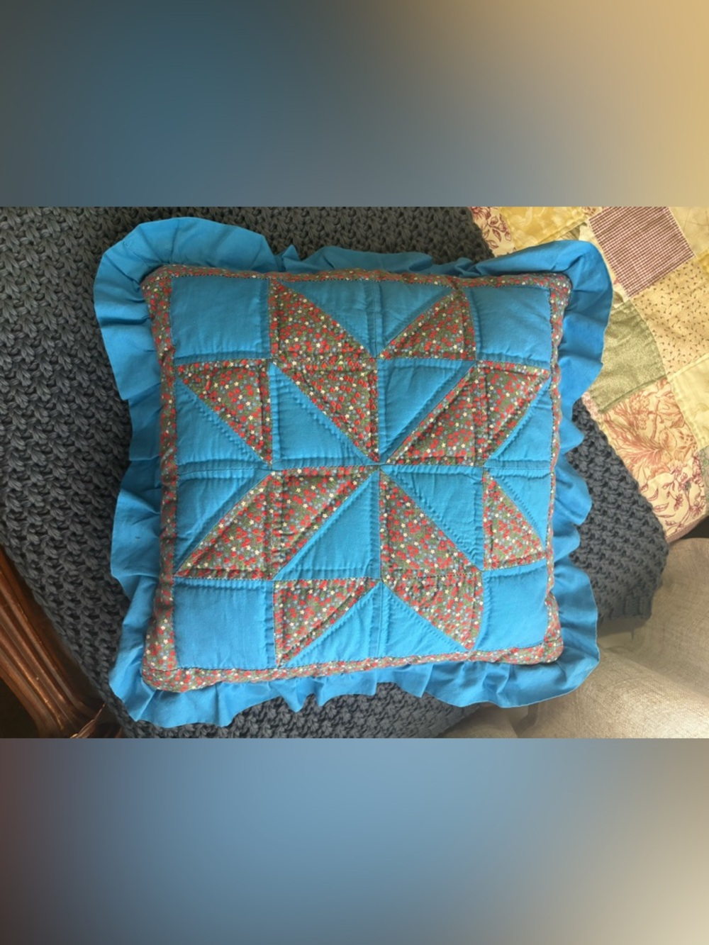 Handmade Patchwork Star Throw Pillow in Turquoise and Floral